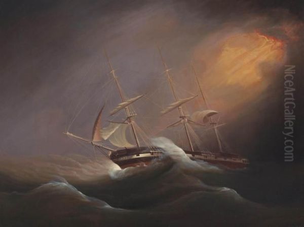 A Three-masted Merchantman Under Storm Rig And Weathering A Gale Oil Painting by Philip John Ouless