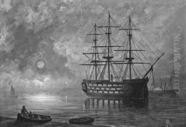 A Royal Navy Three-decker At Anchor By Moonlight With A Paddle Steamer Beyond Oil Painting by Philip John Ouless