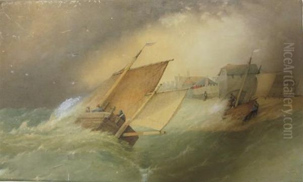 Sailing Boats In Stormy Seas Oil Painting by Samuel Owen