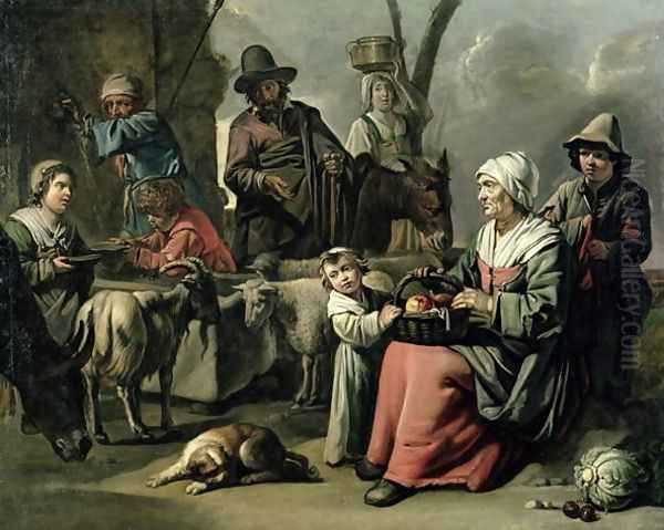 Peasant Family at a Well Oil Painting by Abraham Willemsens