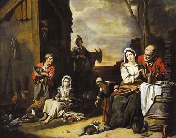 A peasant family in a yard Oil Painting by Abraham Willemsens