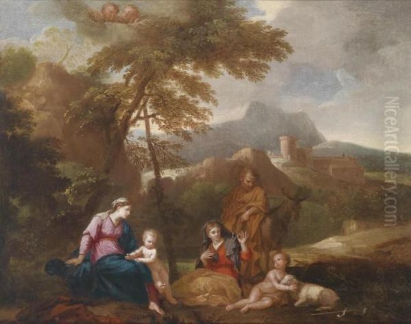 The Holy Family With Saint Elizabeth And The Infant Baptist In A Landscape Oil Painting by Giovanni Battista Pace