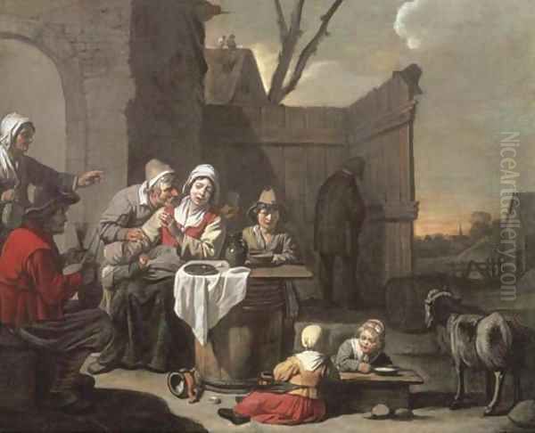 The courtyard of a country inn with peasants eating and drinking Oil Painting by Abraham Willemsens