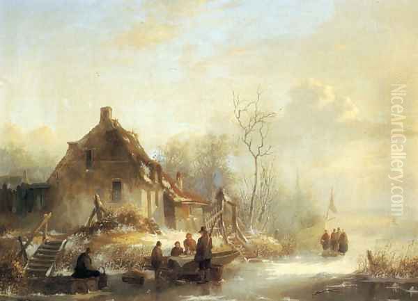 Picnic on a Frozen Lake Oil Painting by Alexander Joseph Wittevronghel