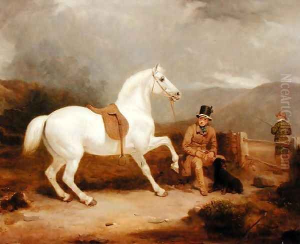 Mr. Johnstone King's Grey Shooting Pony Waiting with a Groom on a Scottish Moor, 1835 Oil Painting by Thomas Woodward