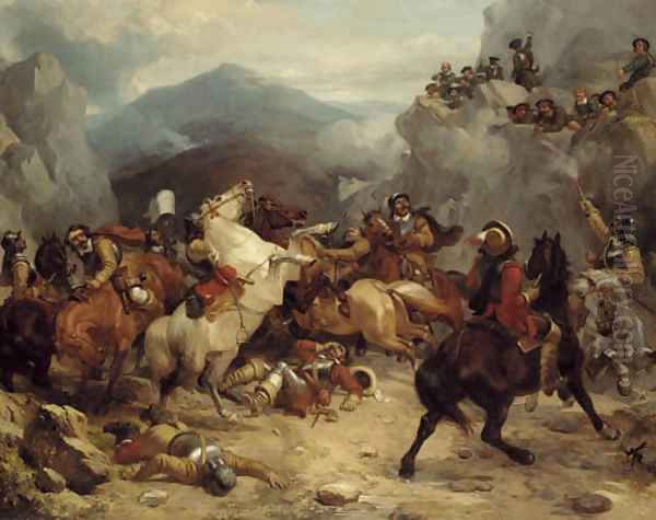 A detachment of Cromwell's cavalry surprised in a mountain pass Oil Painting by Thomas Woodward