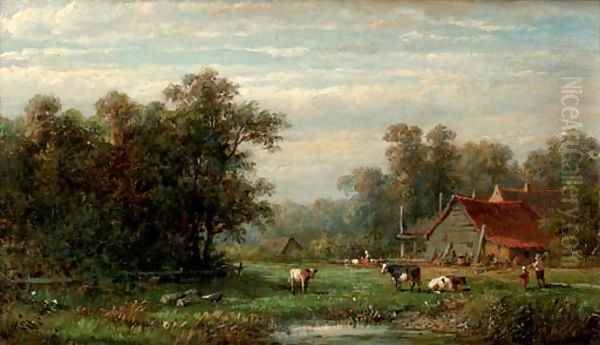 A farm in summer Oil Painting by Anthonie Jacobus van Wyngaerdt