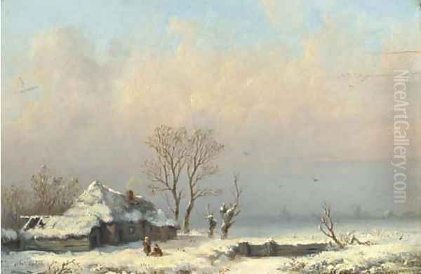 A farmhouse in the snow Oil Painting by Anthonie Jacobus van Wyngaerdt