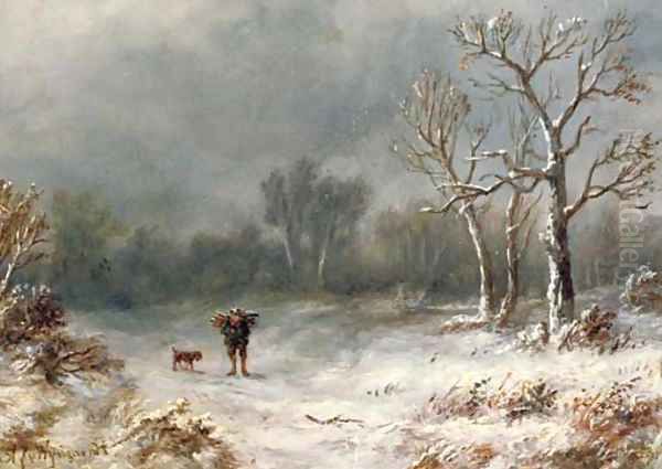 A villager and his dog in a winter landscape Oil Painting by Anthonie Jacobus van Wyngaerdt