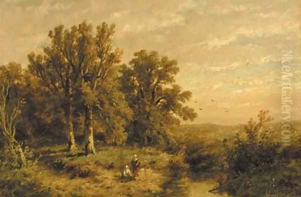 A wooded summer landscape with a peasant couple by a stream Oil Painting by Anthonie Jacobus van Wyngaerdt