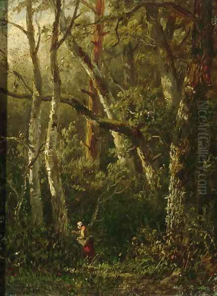 A woman picking berries in the woods Oil Painting by Anthonie Jacobus van Wyngaerdt