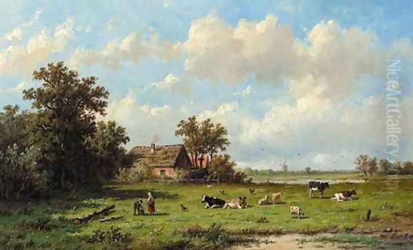 Cattle in a sunlit meadow Oil Painting by Anthonie Jacobus van Wyngaerdt