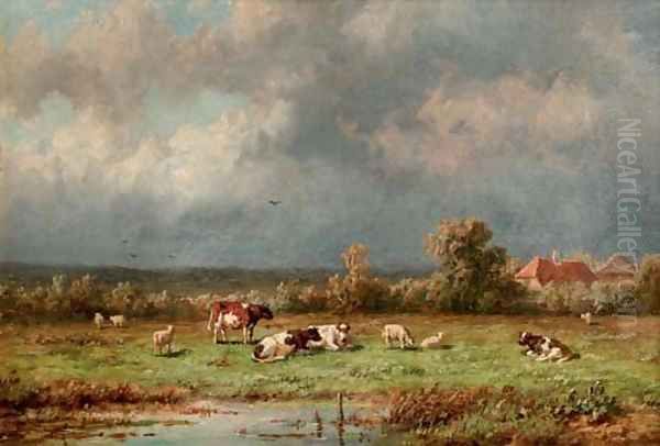 Pasturing cattle Oil Painting by Anthonie Jacobus van Wyngaerdt