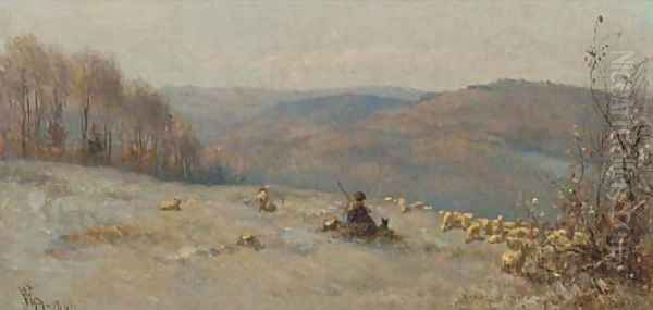 A shepherd and his flock on a hill side Oil Painting by Anthonie Jacobus van Wyngaerdt