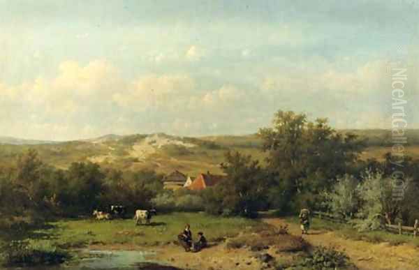 An extensive summer landscape Oil Painting by Anthonie Jacobus van Wyngaerdt