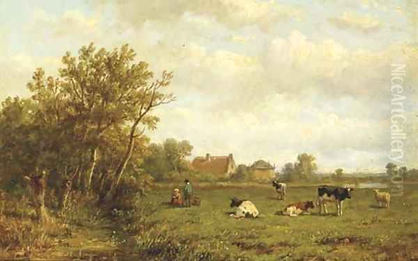 Cows in a meadow Oil Painting by Anthonie Jacobus van Wyngaerdt