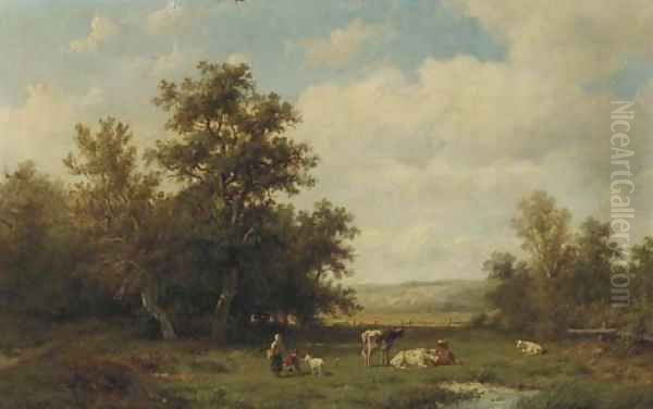 Figures and cattle in a sunlit meadow Oil Painting by Anthonie Jacobus van Wyngaerdt