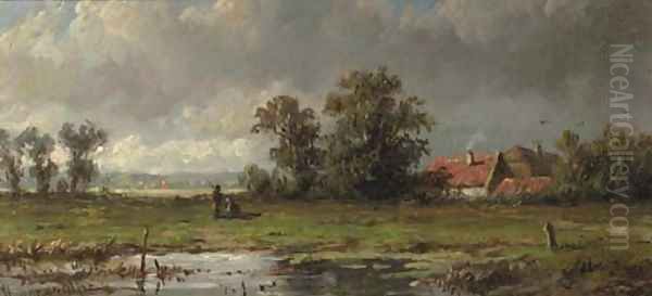 Figures resting in a polder landscape Oil Painting by Anthonie Jacobus van Wyngaerdt