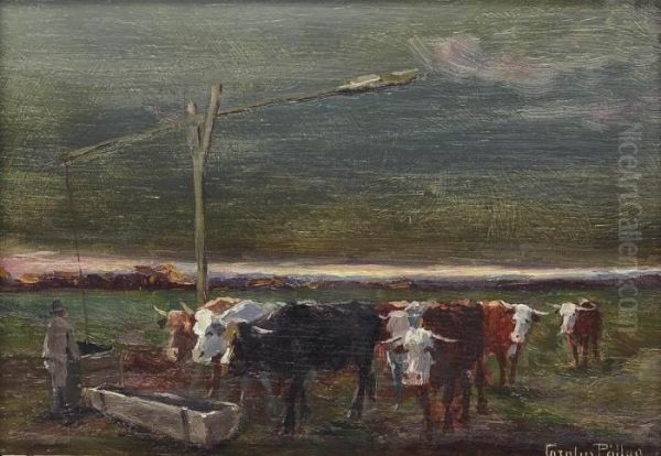 Cattle Watering Oil Painting by Carolus Pallya