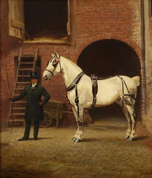 Harnessed Grey Horse With Attendant Coachman Oil Painting by James Lynwood Palmer