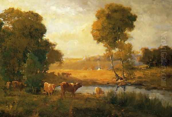 Cows Watering near the Farm Oil Painting by John Carleton Wiggins