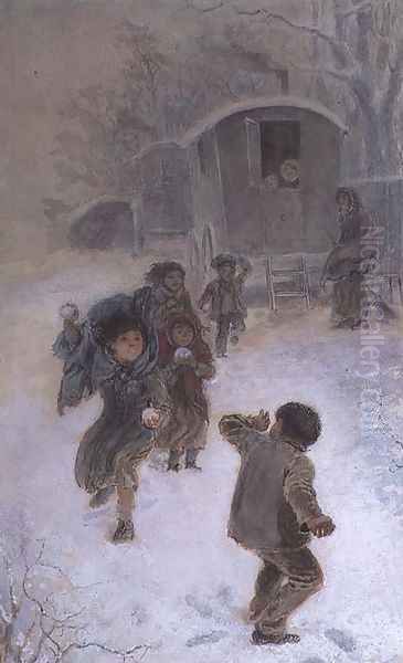 Gypsy children snowballing Oil Painting by Edmund Richard White