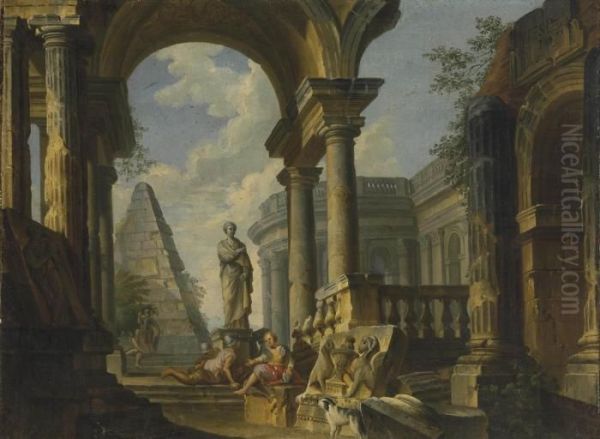 A Capriccio Of Roman Ruins With Soldiers Resting In The Foreground Oil Painting by Giovanni Niccolo Servandoni