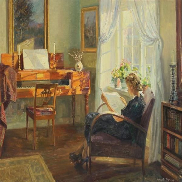 Sunny Interior With Reading Woman Oil Painting by Robert Panitzsch