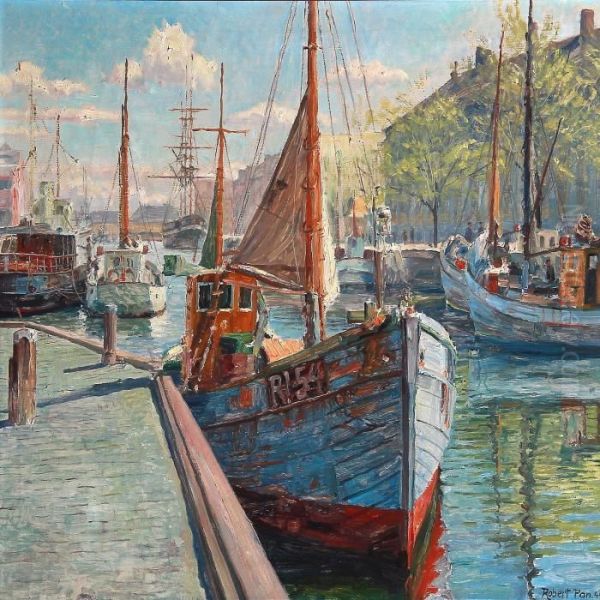 Fishing Boats In Christianshavn, Copenhagen Harbour Oil Painting by Robert Panitzsch