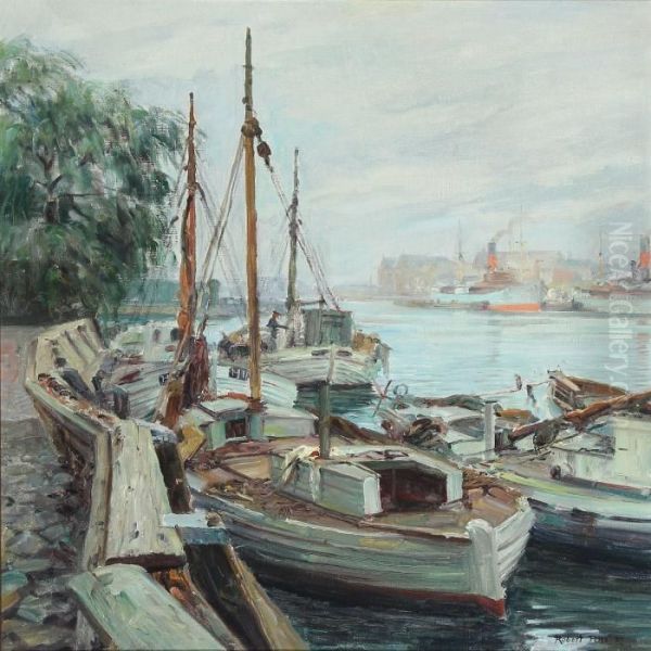 Harbour Scenry With Fishing Boats Oil Painting by Robert Panitzsch