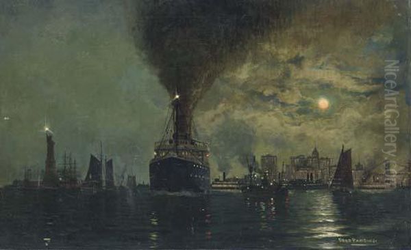 A North German Lloyd Ship Passing The Statue Of Liberty In New York Harbor At Moonlight Oil Painting by Fred Pansing