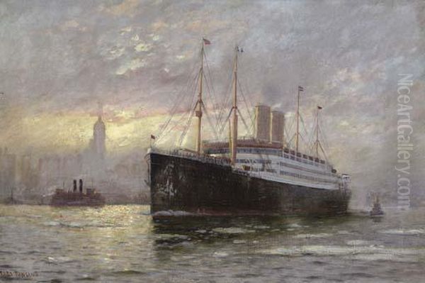 The S.s. Kaiser Wilhelm Ii In New York Harbor Oil Painting by Fred Pansing