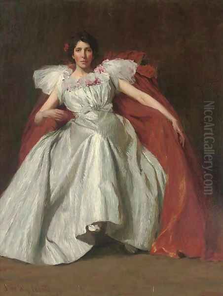 Portrait of Annette Gardner, seated full-length, in a white dress Oil Painting by John William Whiteley