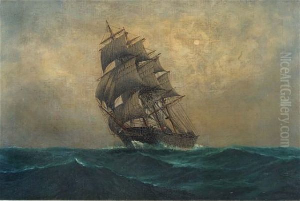 A Clipper In Full Sail In Moonlit Waters Oil Painting by L. Papaluca