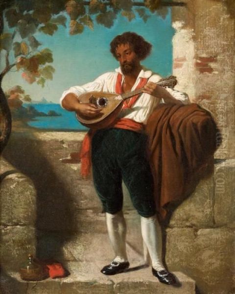 Homme Jouant De La Mandoline Devant La Mediterranee Oil Painting by Dominique Louis Papety