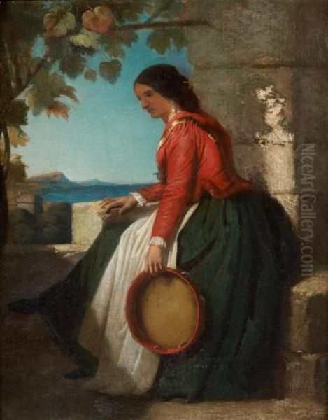 Joueuse De Tambourin Devant La Mediterranee Oil Painting by Dominique Louis Papety