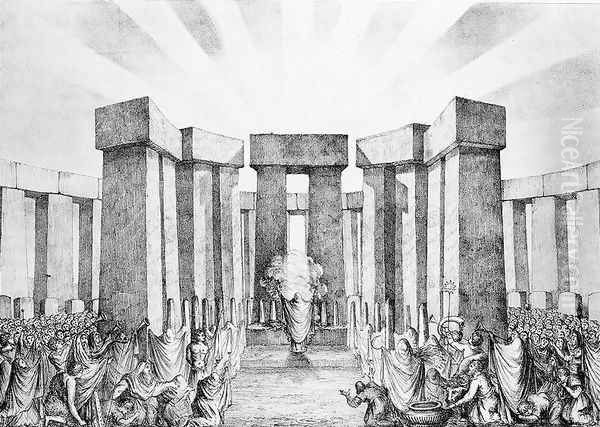 Druids Sacrificing to the Sun in their Temple called Stonehenge, from a plan of Stonehenge by Dr Stukeley in the Ashmolean Museum, Oxford, engraved and pub. by the artist Oil Painting by Nathaniel Whittock