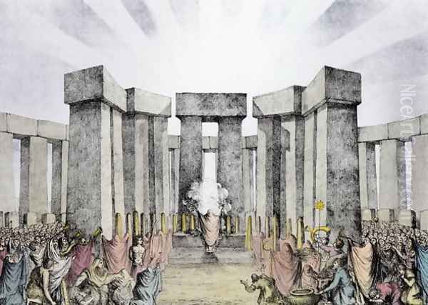 Druids Sacrificing to the Sun in their Temple called Stonehenge, from a plan of Stonehenge by Dr Stukeley in the Ashmolean Museum, Oxford, engraved and pub. by the artist 2 Oil Painting by Nathaniel Whittock