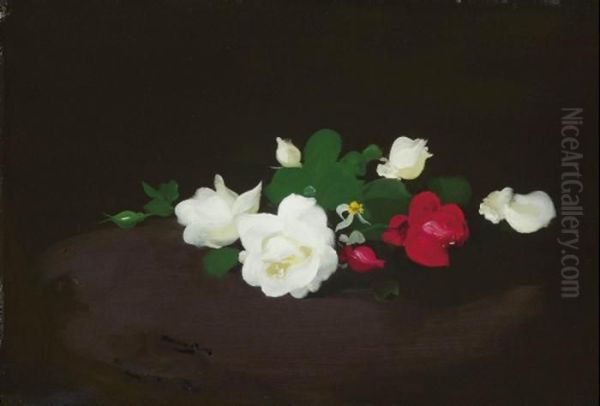 White And Pink Roses On A Round Table Oil Painting by James Stuart Park