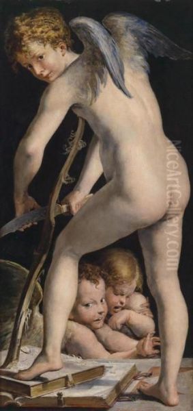 Cupid Carving His Bow Oil Painting by Michele Da Parma (see Rocca)