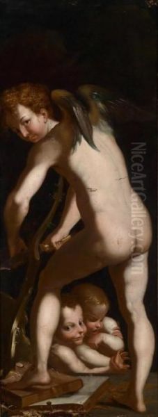 Cupid Carving His Bow Oil Painting by Girolamo Francesco Maria Mazzola (Parmigianino)