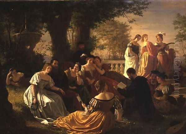 Venetian Party Reading in a Garden Oil Painting by Adolph Friedrich George Wichman