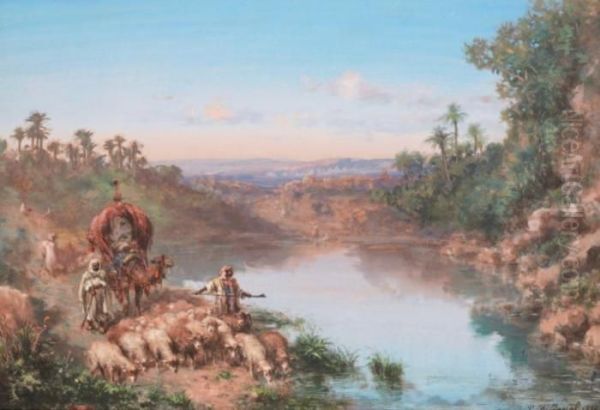 Palanquin Et Moutons Au Bord De L'oued Oil Painting by Paul Pascal