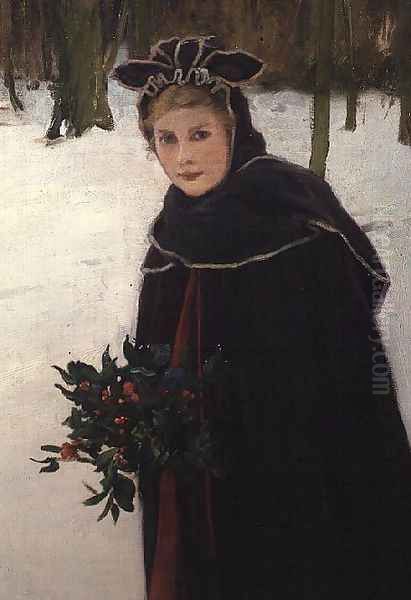 Winter - Portrait of a girl in a winter landscape Oil Painting by Harry van der Weyden