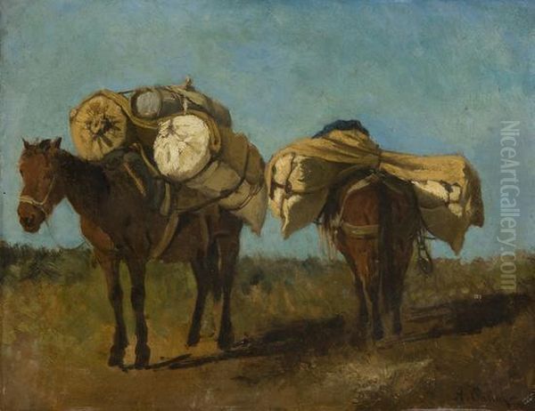 Due Cavalli Carichi Di Masserizie In Campagna Oil Painting by Alberto Pasini