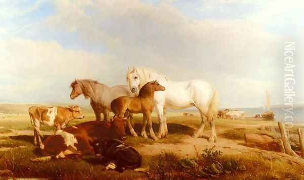 Horses And Cattle On The Shore Oil Painting by Henry Brittan Willis, R.W.S.