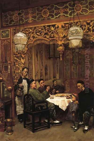 Chinese Restaurant Oil Painting by Theodore Wores