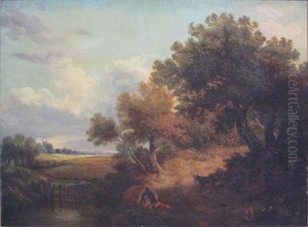 Country Lane, With Gypsies In The Foreground Oil Painting by Joseph Paul