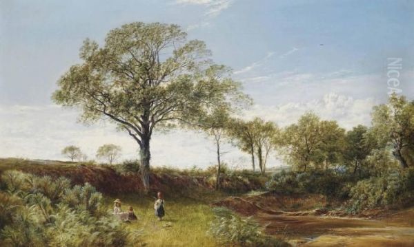 Children Playing On A River Bank Oil Painting by David Payne