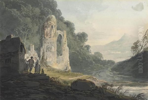 Figures Conversing Beside A Ruined Church Oil Painting by William Payne